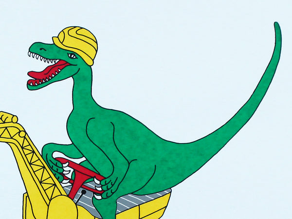 Print of a Green dinosaur on a yellow digger