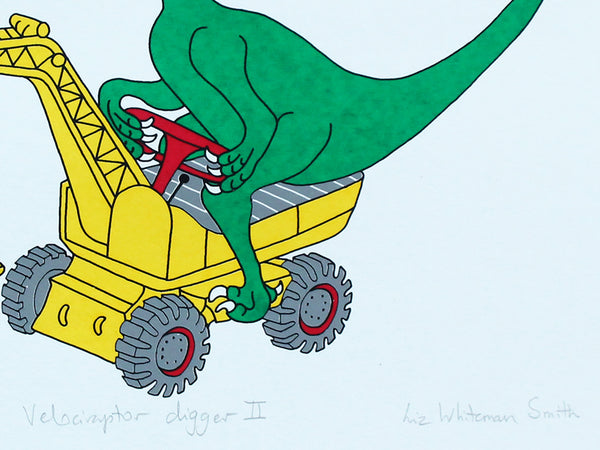 Print of a Green dinosaur on a yellow digger