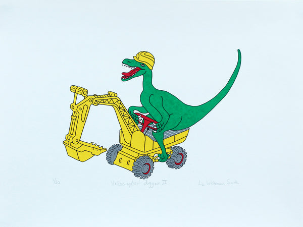 Print of a Green dinosaur on a yellow digger