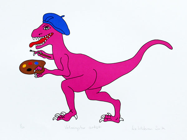 Print of a pink dinosaur in a blue beret holding a palette and paint brush
