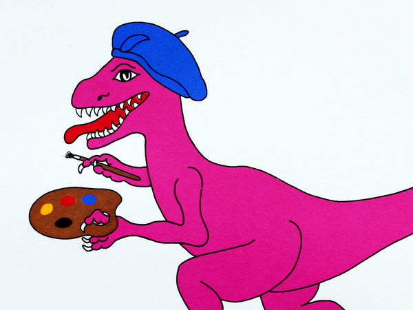 Print of a pink dinosaur in a blue beret holding a palette and paint brush
