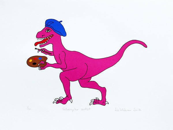 Print of a pink dinosaur in a blue beret holding a palette and paint brush