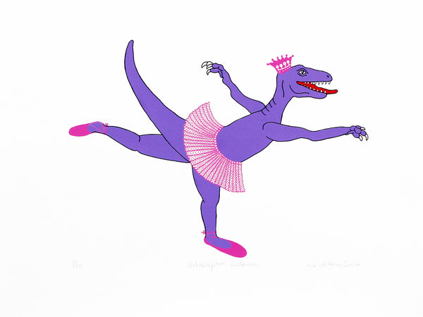 Print of a purple dinosaur in a pink tutu in a ballet pose