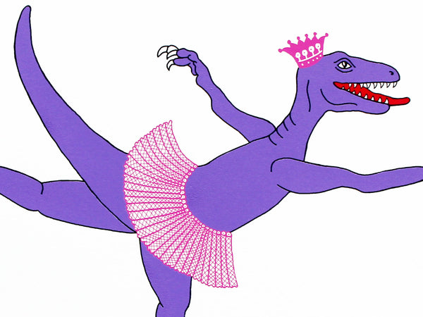 Print of a purple dinosaur in a pink tutu in a ballet pose