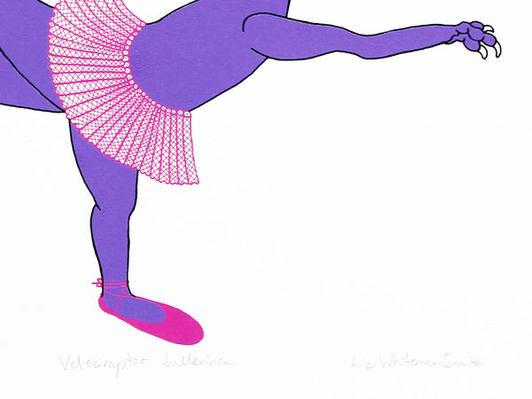 Print of a purple dinosaur in a pink tutu in a ballet pose