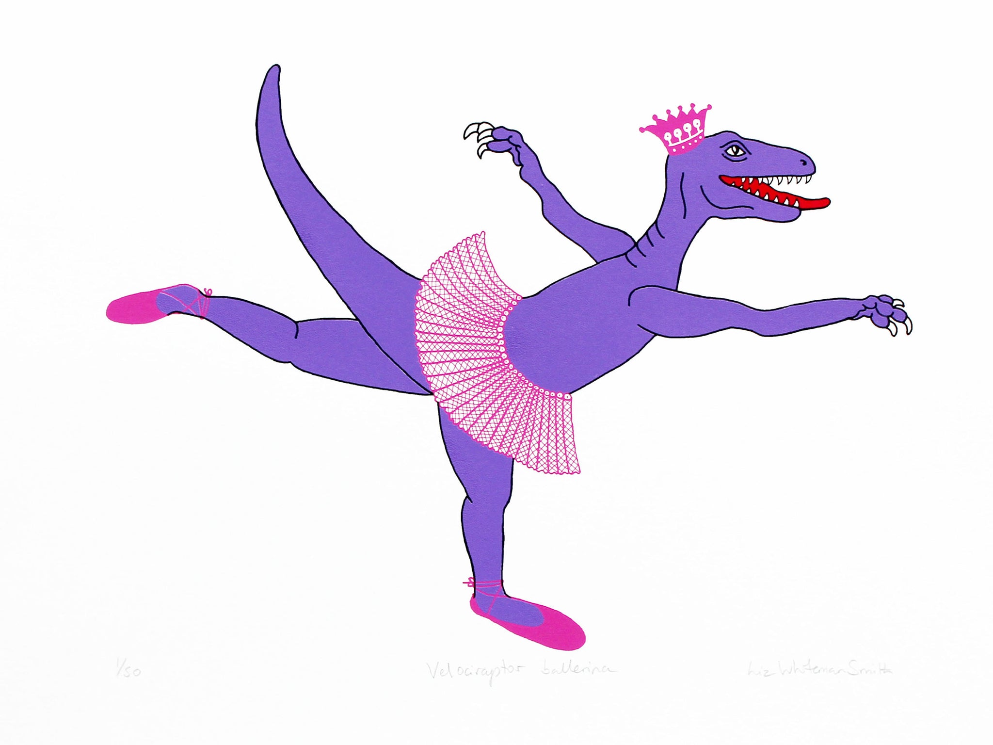 Print of a purple dinosaur in a pink tutu in a ballet pose