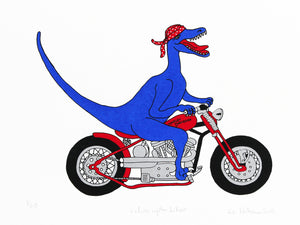 Blue velociraptor riding a red Harley Davidson wearing a red spotted bandana print