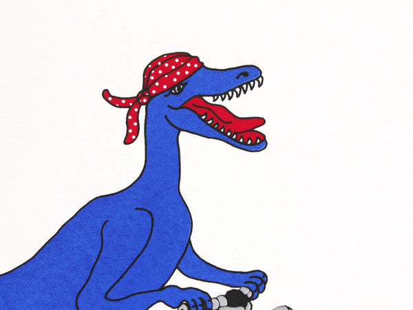 Blue velociraptor riding a red Harley Davidson wearing a red spotted bandana print