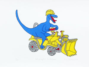 Blue Dinosaur on a yellow bulldozer print