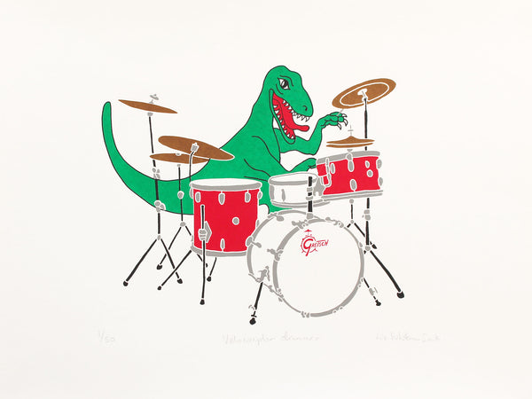 Drumming dinosaur print by Liz Whiteman Smith