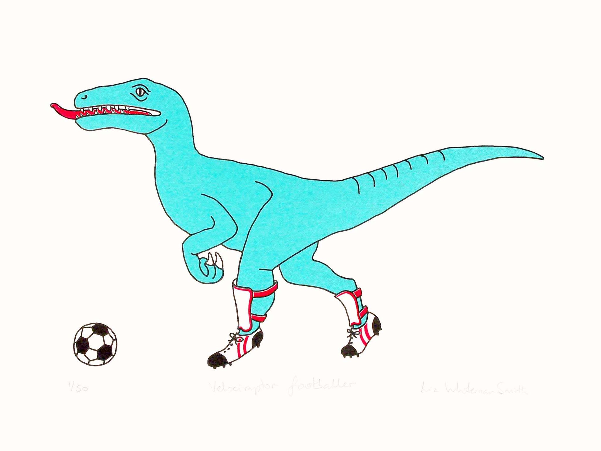 Print of a Teal dinosaur playing football wearing shin pads