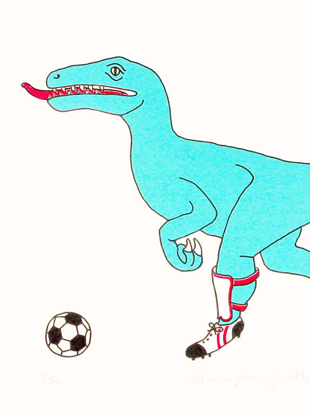 Print of a Teal dinosaur playing football wearing shin pads