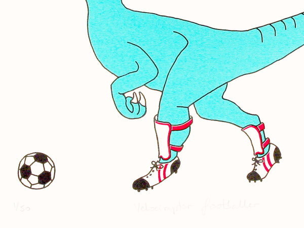 Print of a Teal dinosaur playing football wearing shin pads