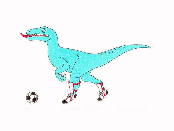 Print of a Teal dinosaur playing football wearing shin pads