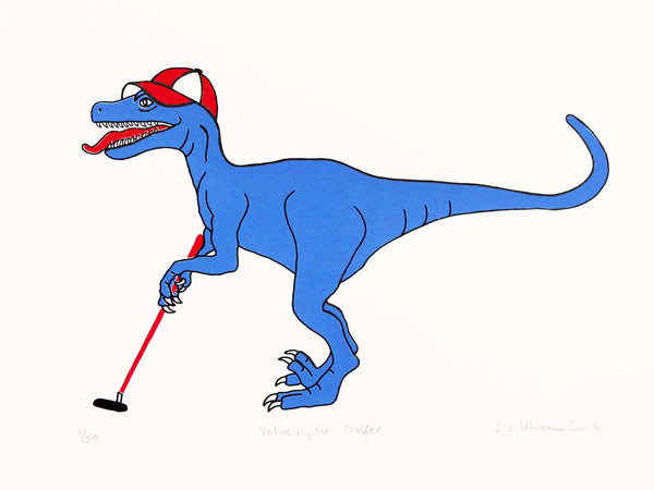 Print of a Blue velociraptor playing golf in a red baseball cap 