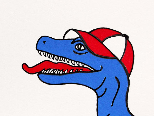 Print of a Blue velociraptor playing golf in a red baseball cap 