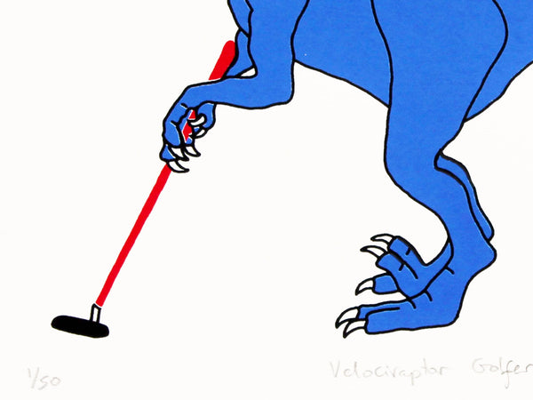 Print of a Blue velociraptor playing golf in a red baseball cap 