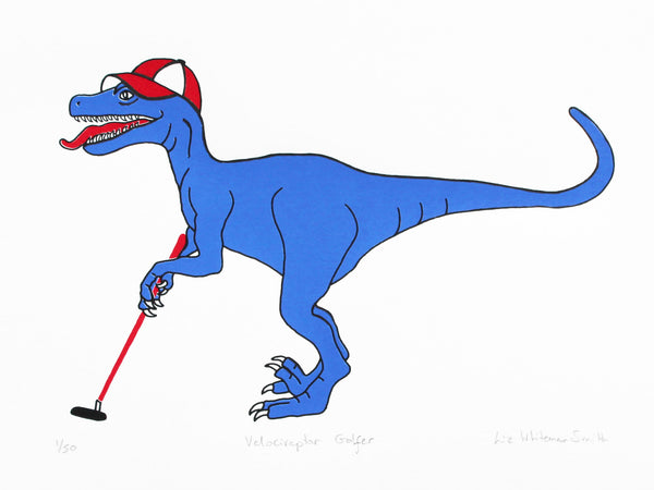 Print of a Blue velociraptor playing golf in a red baseball cap 