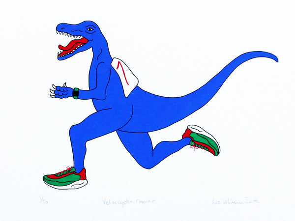 Print of a Blue dinosaur with red and green shoes 