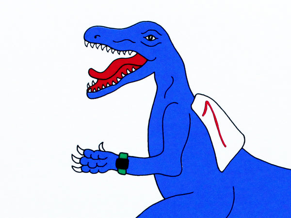 Print of a Blue dinosaur with red and green shoes 