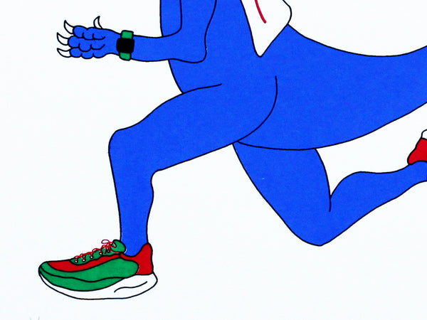 Print of a Blue dinosaur with red and green shoes 