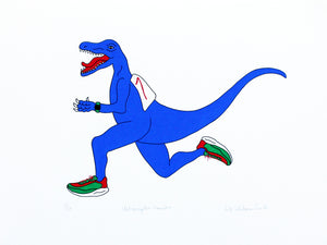 Print of a Blue dinosaur with red and green shoes 