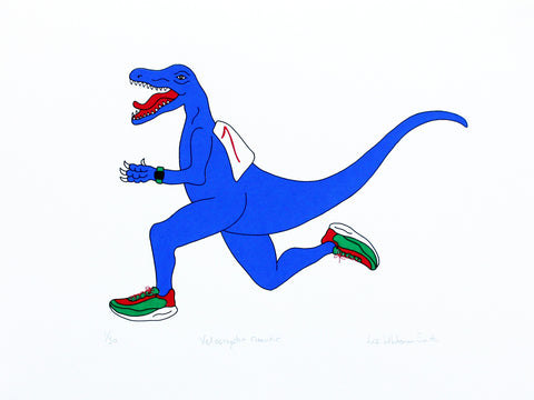 Print of a Blue dinosaur with red and green shoes 