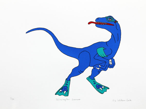 print of a Blue Velociraptor swimmer with turquoise armbands, flippers and goggles