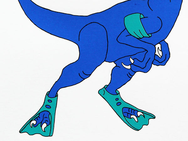 print of a Blue Velociraptor swimmer with turquoise armbands, flippers and goggles