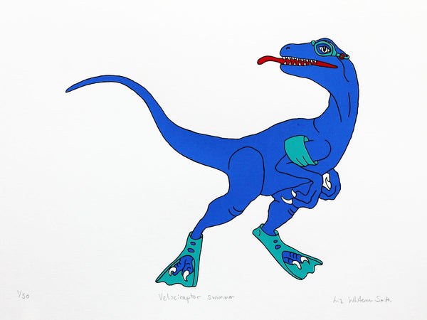 print of a Blue Velociraptor swimmer with turquoise armbands, flippers and goggles