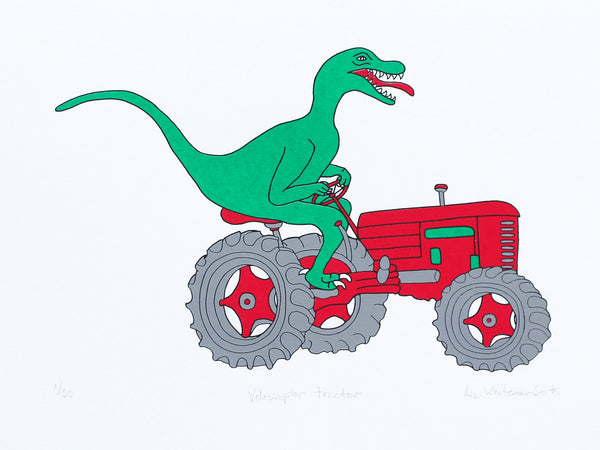 Green dinosaur on a red tractor with big wheels screen print