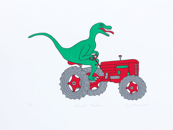 Green dinosaur on a red tractor with big wheels screen print