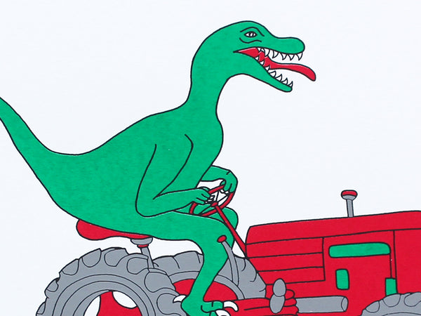 Green dinosaur on a red tractor with big wheels screen print