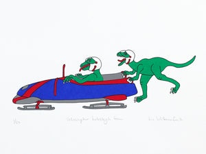 Green dinosaurs ready to slide  off on their bobsleigh screen print