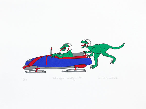 Green dinosaurs ready to slide  off on their bobsleigh screen print