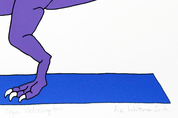 Print of a purple dinosaur practising yoga