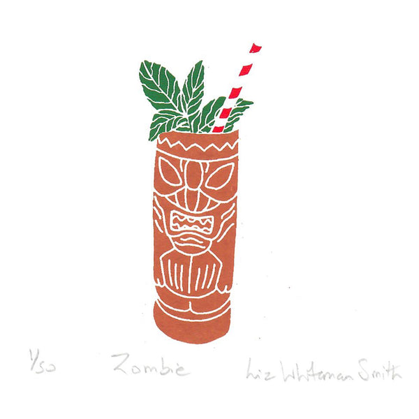 A minimalist print of a tiki drink called a Zombie by artist Liz Whitman Smith. The print features a terracotta-coloured tiki mug with white line art, green mint leaves, and a red-and-white striped straw
