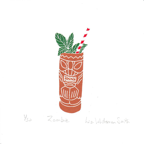 A minimalist print of a tiki drink called a Zombie by artist Liz Whitman Smith. The print features a terracotta-coloured tiki mug with white line art, green mint leaves, and a red-and-white striped straw