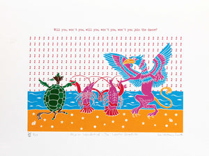 "'Will you, won't you, will you, won't you, won't you join the dance?" The Lobster Quadrille is a formal dance where the Gryphon and Mock Turtle dance with the seals, turtles and other animals, each partnering a lobster. 7 colour screen print, 30x40 cm, £80.