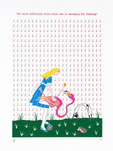 Alice and her flamingo playing croquet with hedgehogs 