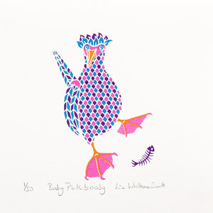 Small dancing bird with pink polka dot feet