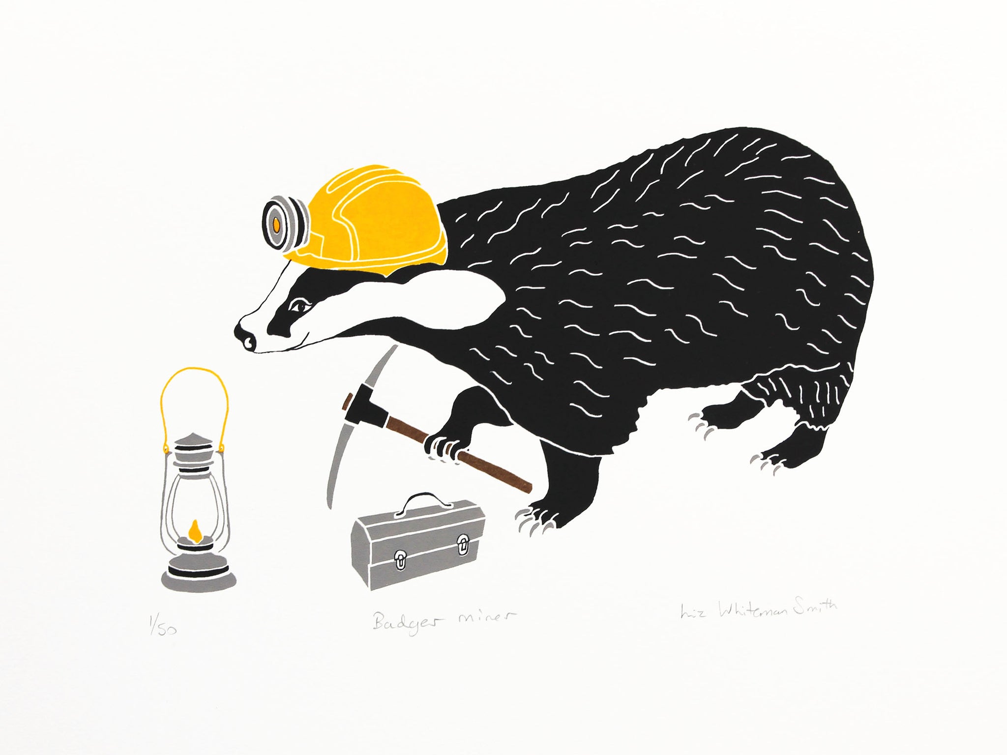 Animals have special characteristics that mean they are perfectly adapted to certain jobs. The badger is good at digging and is ready for his day's work with his lunchbox. 4 colour screen print, 40x30 cm, £80.