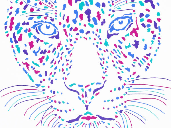Colourful Leopard face screen print by Liz Whiteman Smith