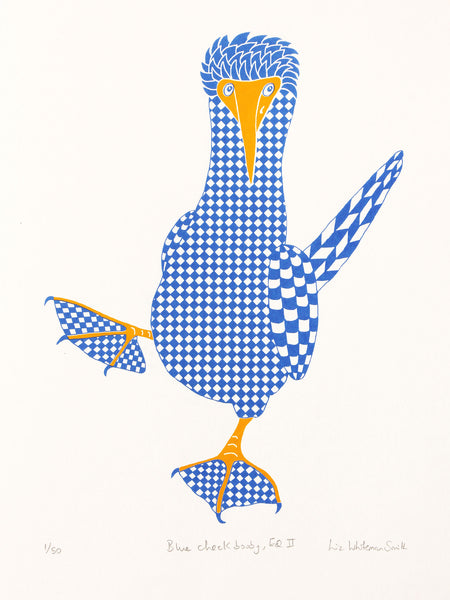 Blue booby with check pattern, blue footed booby bird, 2 colour original hand pulled limited edition screen print, 40 x 30 cm