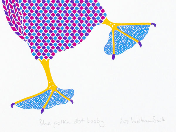 Blue dancing booby with blue polka dot feet screen print