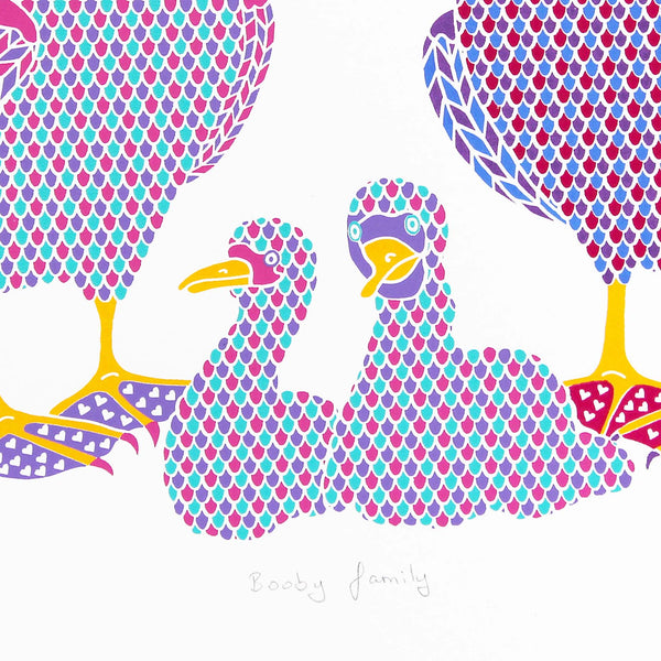 FAMILY OF DANCING BOOBY BIRDS WITH TWO CHICKS SCREEN PRINT
