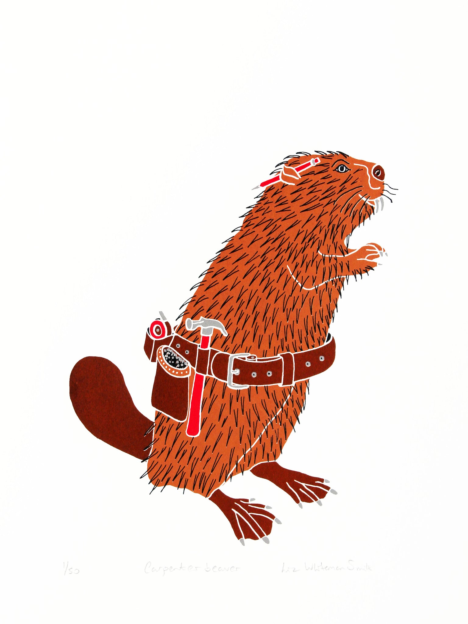 Animals have special characteristics that mean they are perfectly adapted to certain jobs. The beaver loves chewing wood and making things with wood. 4 colour screen print, 30x40 cm, £80.