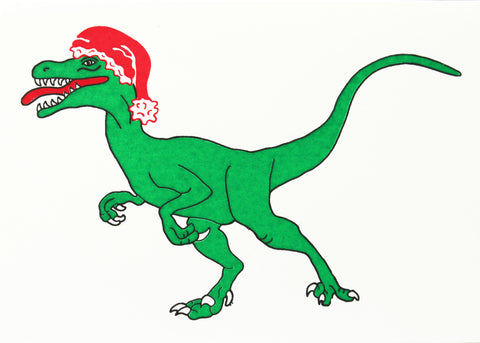 Green velociraptor wearing a Christmas hat card
