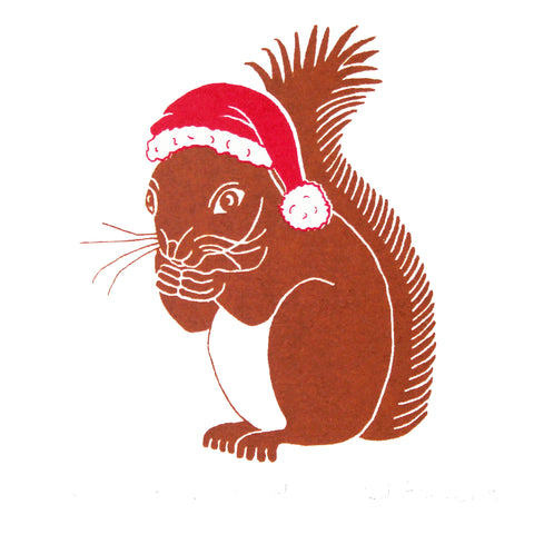 Brown squirrel wearing a red Christmas hat