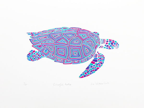 Colourful turtle screen print by Liz Whiteman Smith